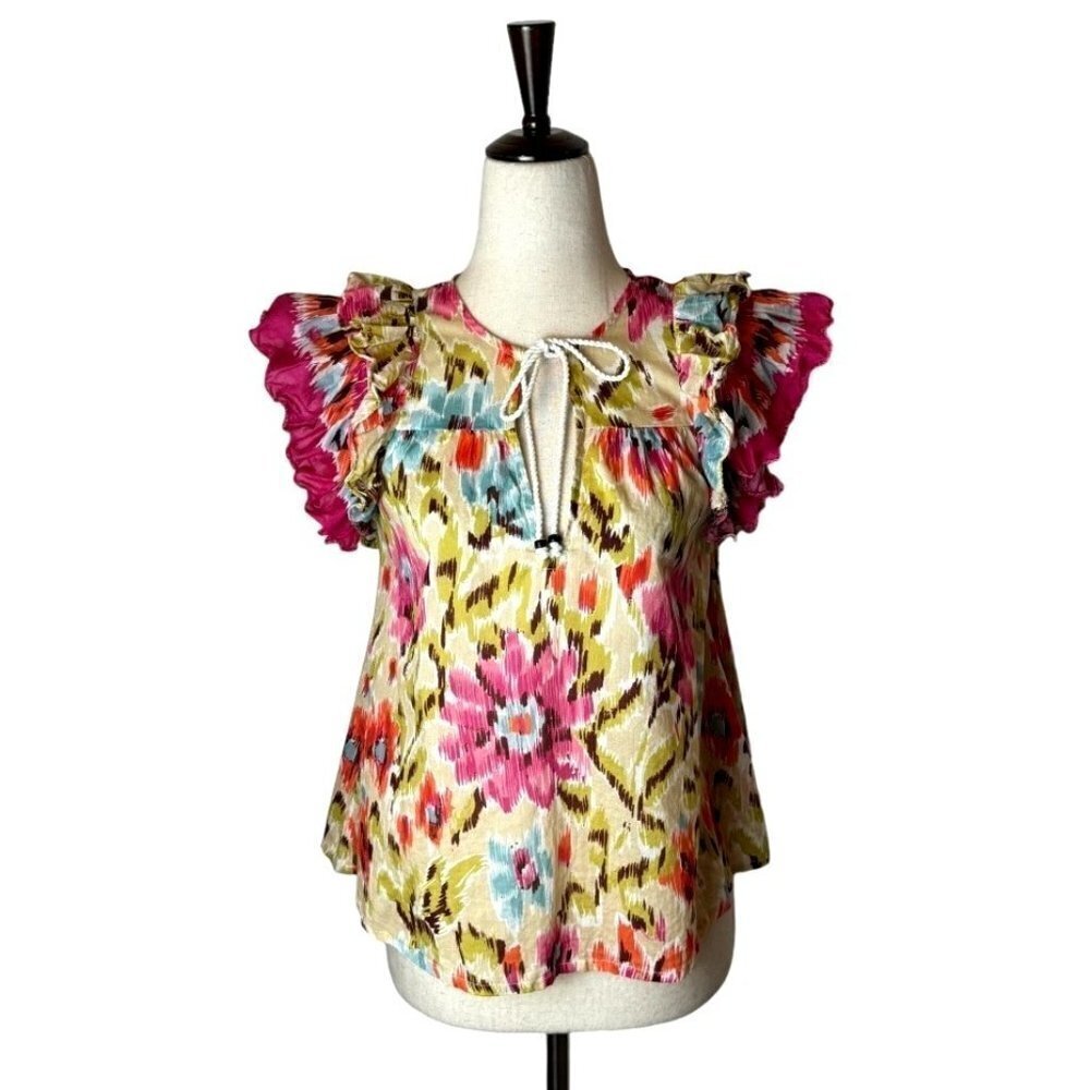House Of Harlow 1960 Pink Floral Print‎ Ruffle Sleeve Tie Neck Zoey Blouse XS